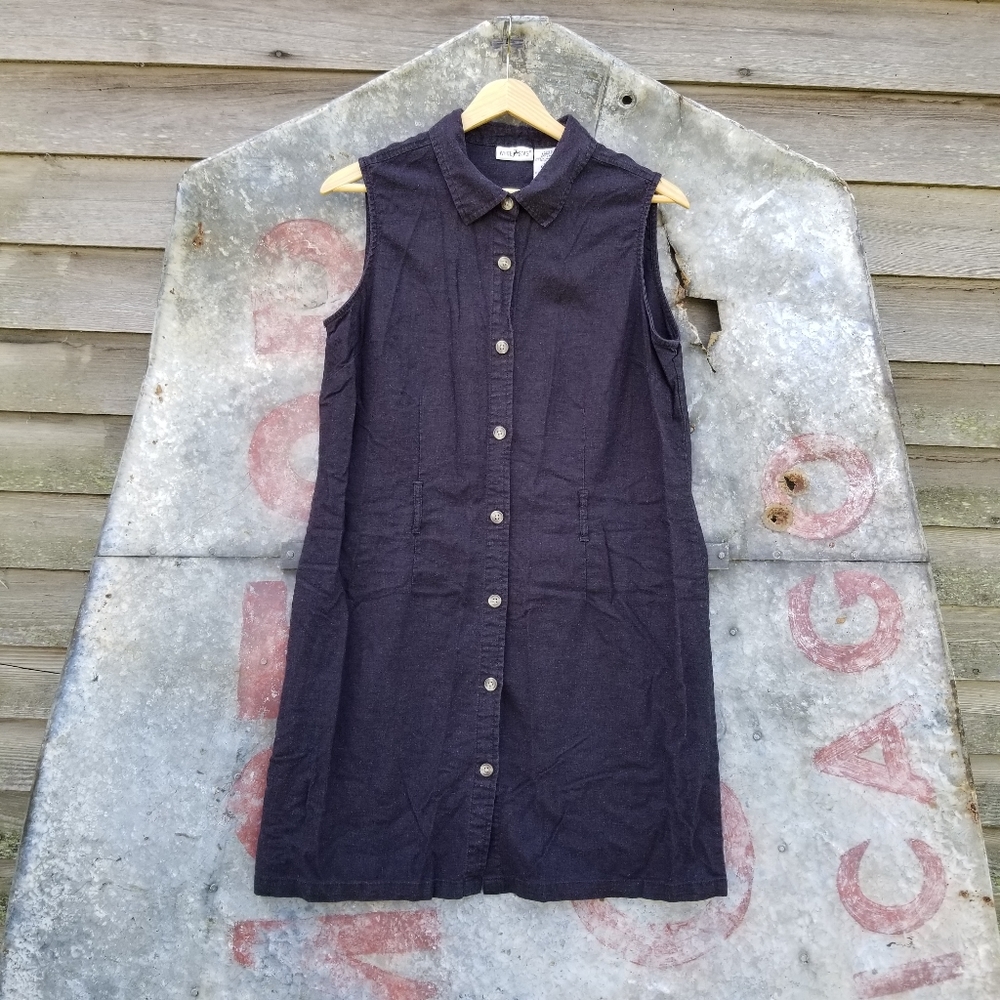 VTG Black Linen Button Up Sleeveless Shirt Dress L